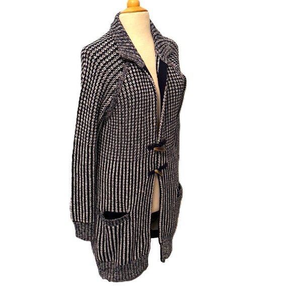 Gap Womens Large Striped Navy Nautical Long Cable Knit Cardigan Sweater Coat - Picture 4 of 10